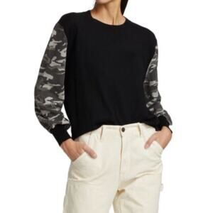 NWT MONROW Black Camo Contrast Sleeve Sweatshirt •S• Cotton Cashmere Blend $149